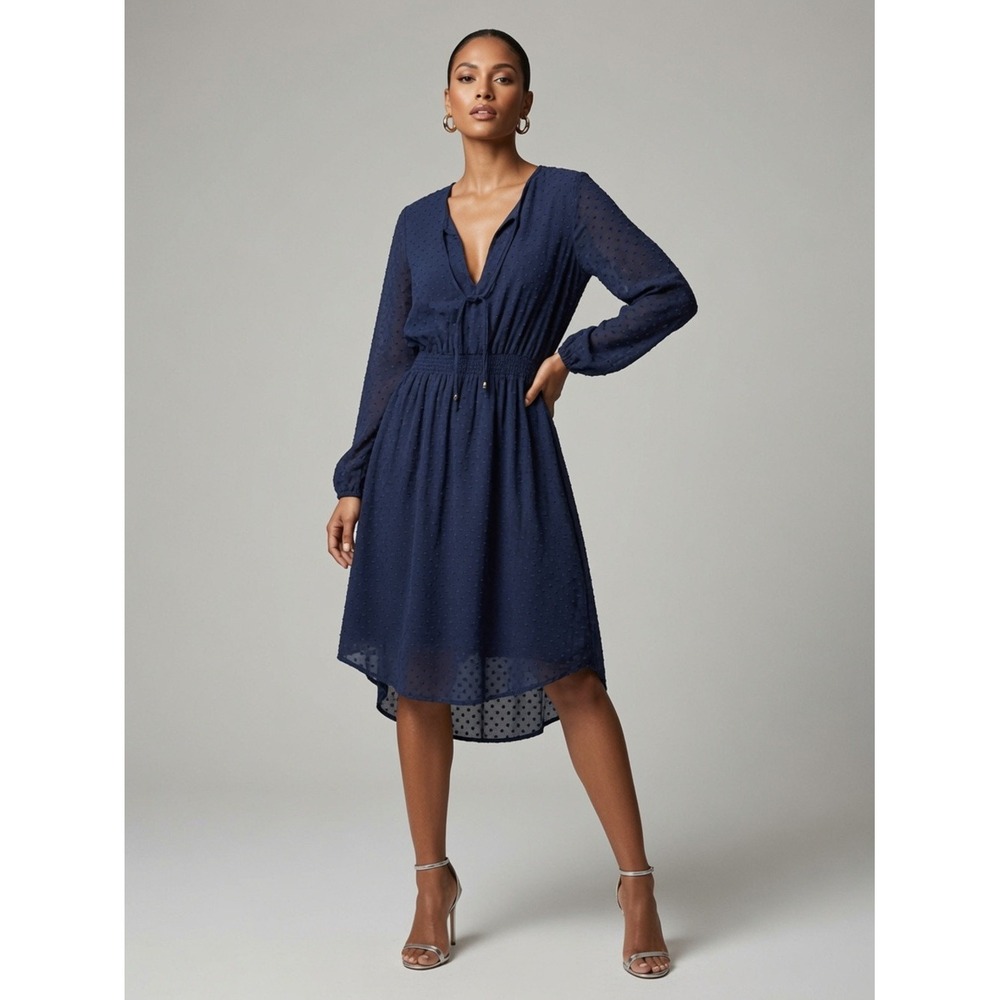 Daniel Rainn Navy Blue Eyelet Dot Long Sleeve Smocked Waist Mini Dress M